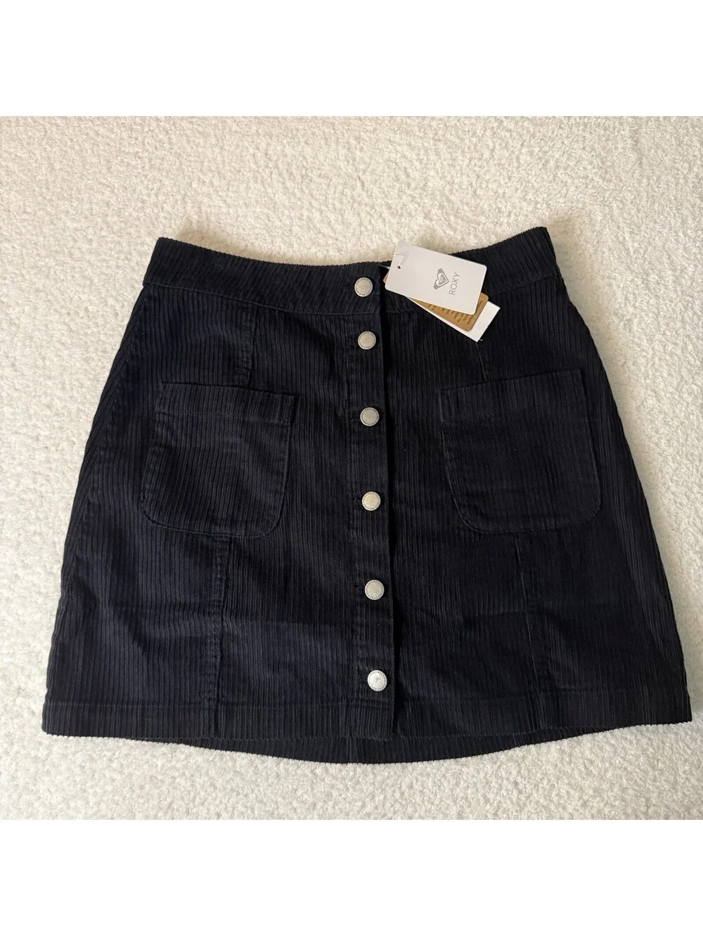 Roxy Warning Sign Skirt Womens M Black Corduroy Button Front NWT $50